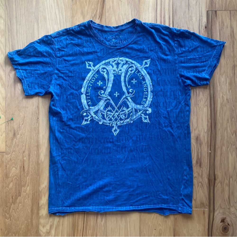 Affliction Los Angeles T-Shirt Cotton Blue Men’s L Made in USA Distressed AOP